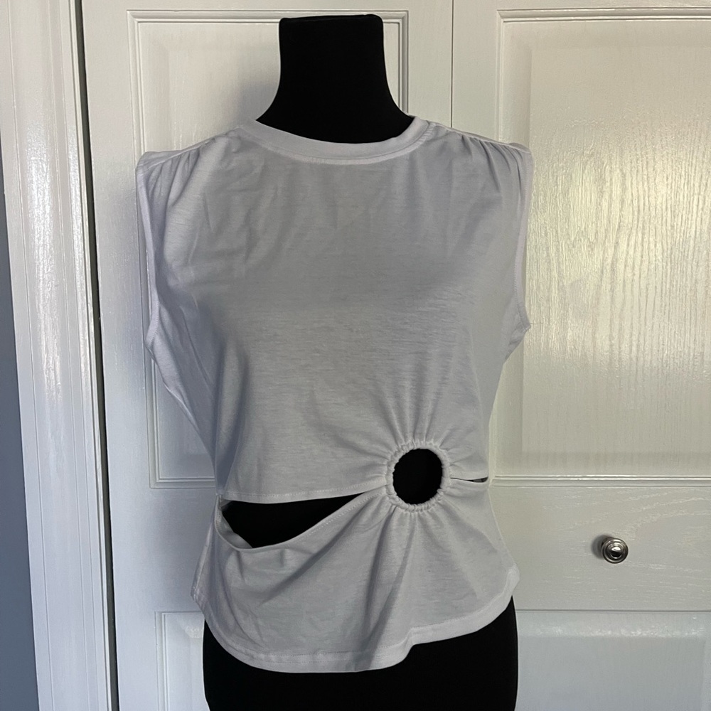 Bcbg White Sleeveless Top with Cut-Out Detail